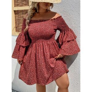 Rusty Red Floral Plus Sz 2XL Smocked Off the Shoulder Tiered Sleeves Dress SHEIN